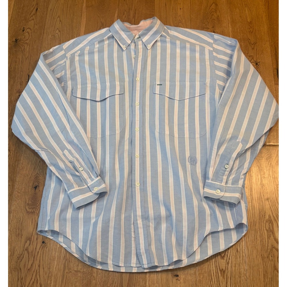 Vintage Tommy Hilfiger Men's M Blue Pink Stripe Button Down Crest Logo 90s
